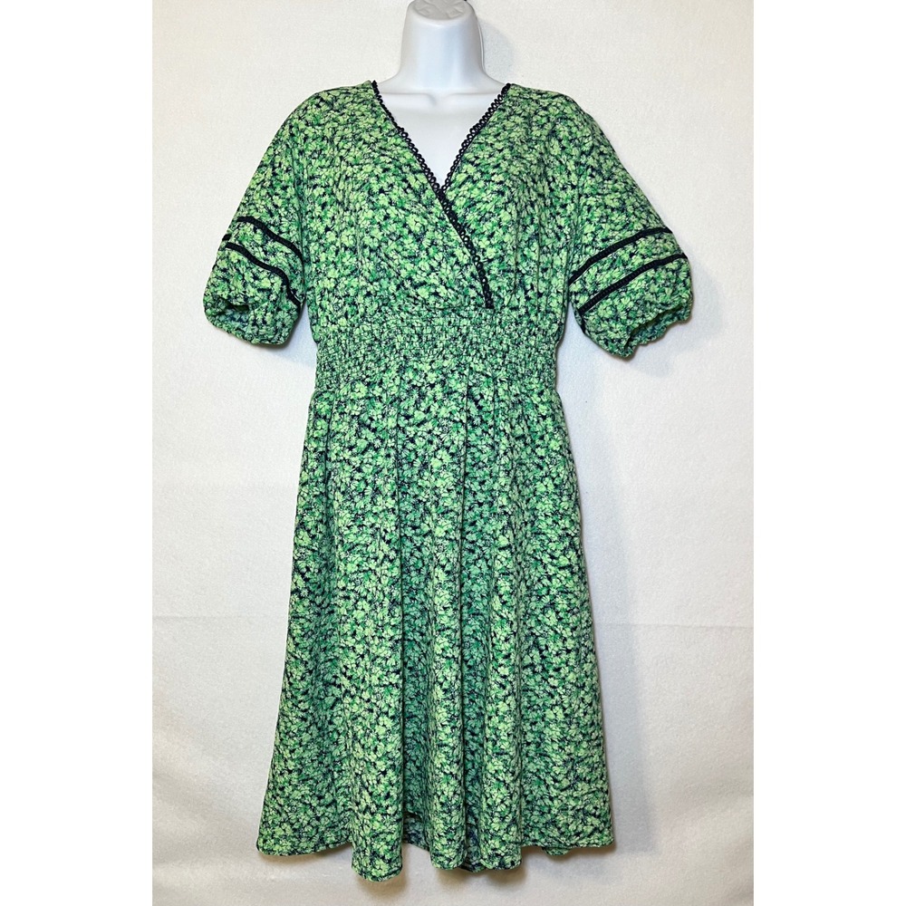 Draper James RSVP Ditsy Whimsy Green Floral Midi Dress Smocked Waist Pockets L